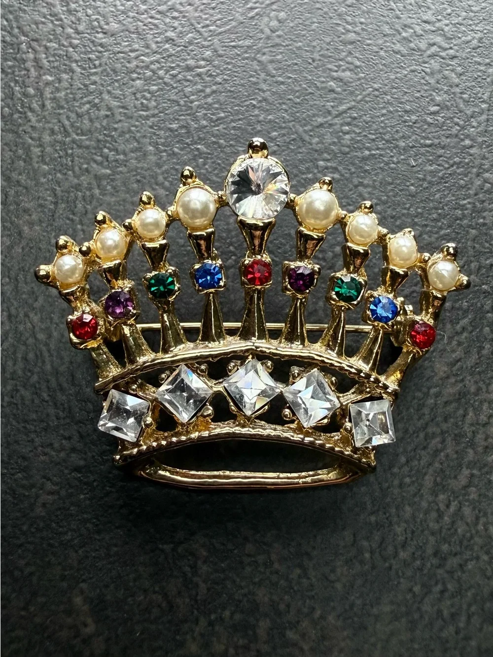 Vintage Gold Crown Brooch with Multicolor Gems and Seed Pearls